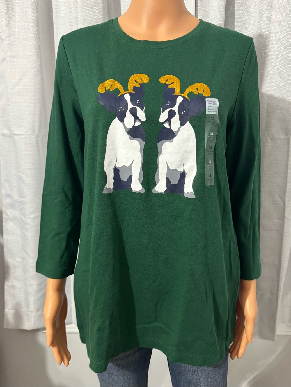 Cute Kim Rogers size M green 3/4 sleeve Boston Terrier reindeer pullover shirt